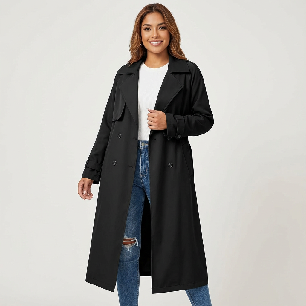 Women's Trench Coat Long Fit Classic Button Placket Casual Formal