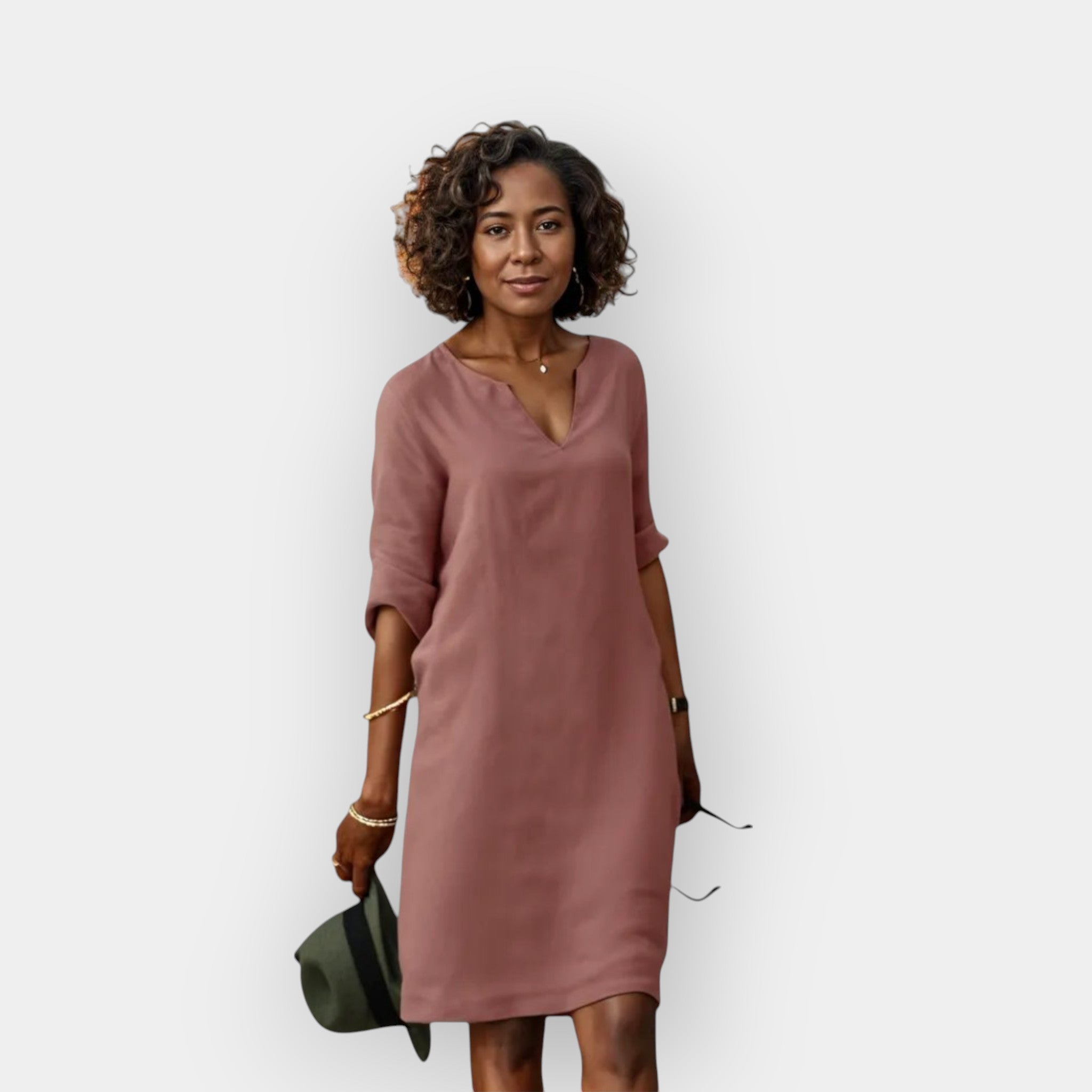 Airy Elegant Midi Dress for Women with V-Neck and Three-Quarter Sleeves