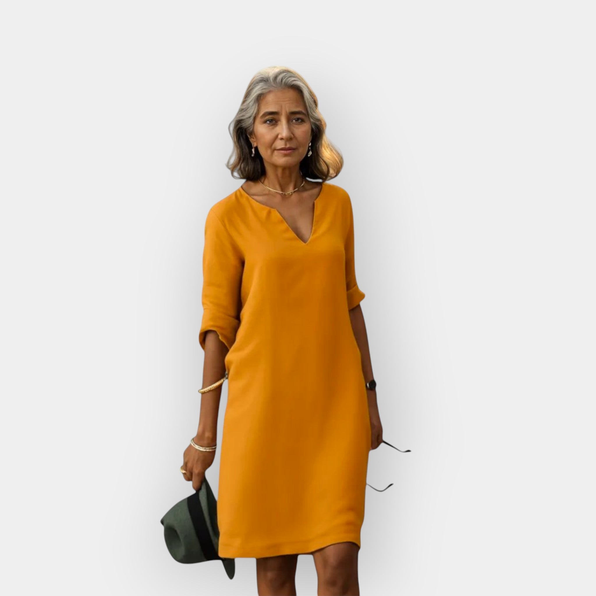 Airy Elegant Midi Dress for Women with V-Neck and Three-Quarter Sleeves