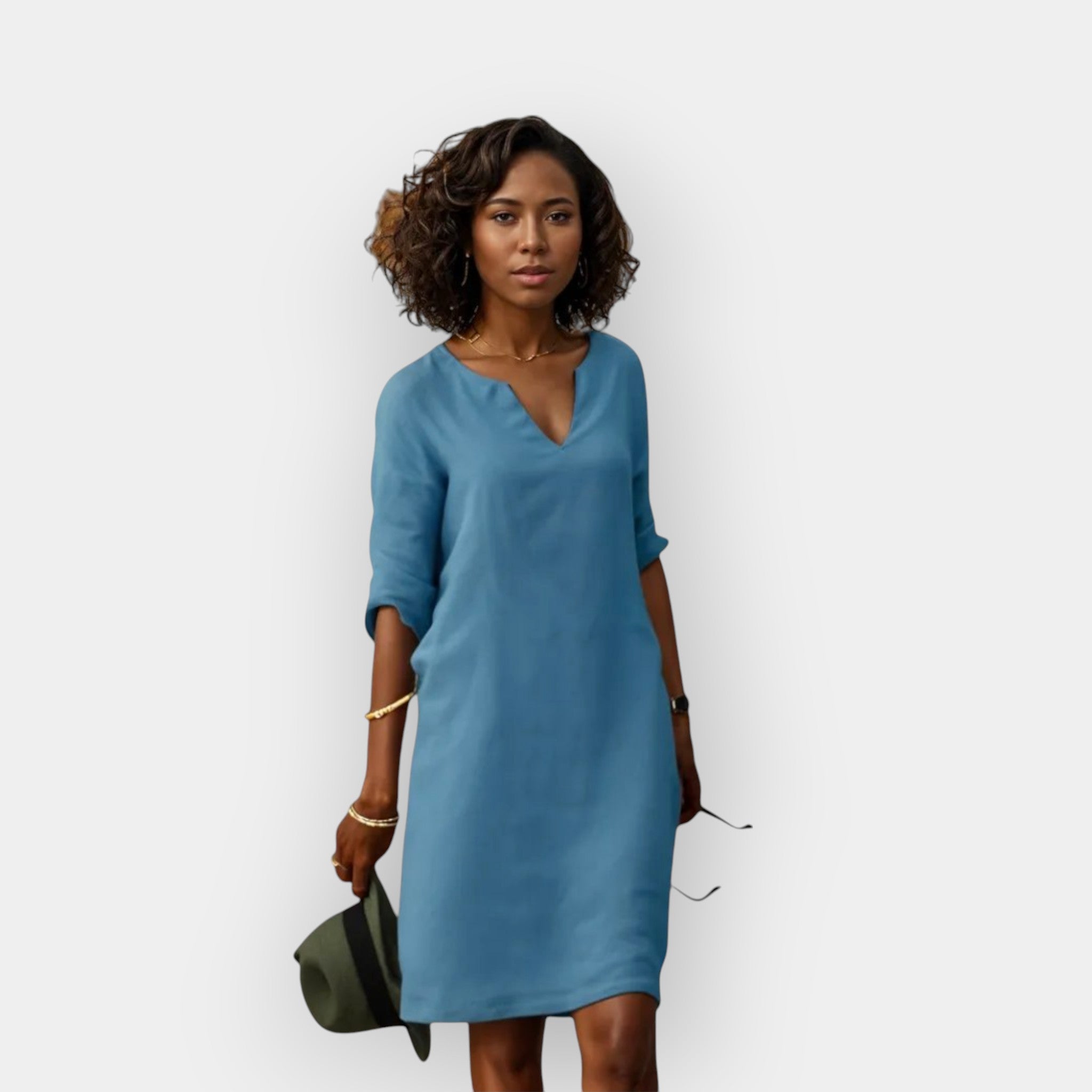 Airy Elegant Midi Dress for Women with V-Neck and Three-Quarter Sleeves