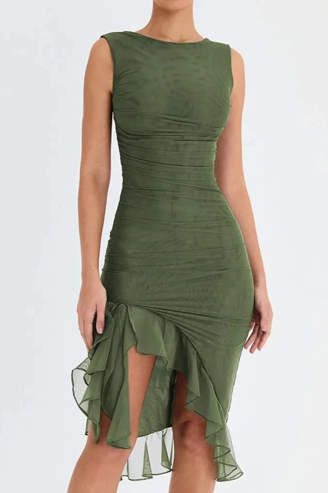 Women's Mesh Round Neck Low Back Mid-Length Gala Dress