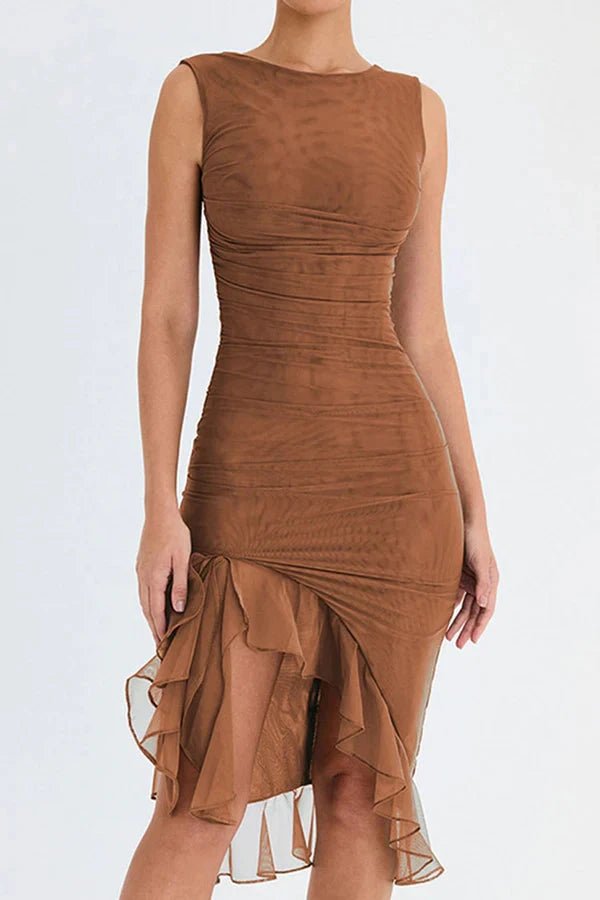 Women's Mesh Round Neck Low Back Mid-Length Gala Dress