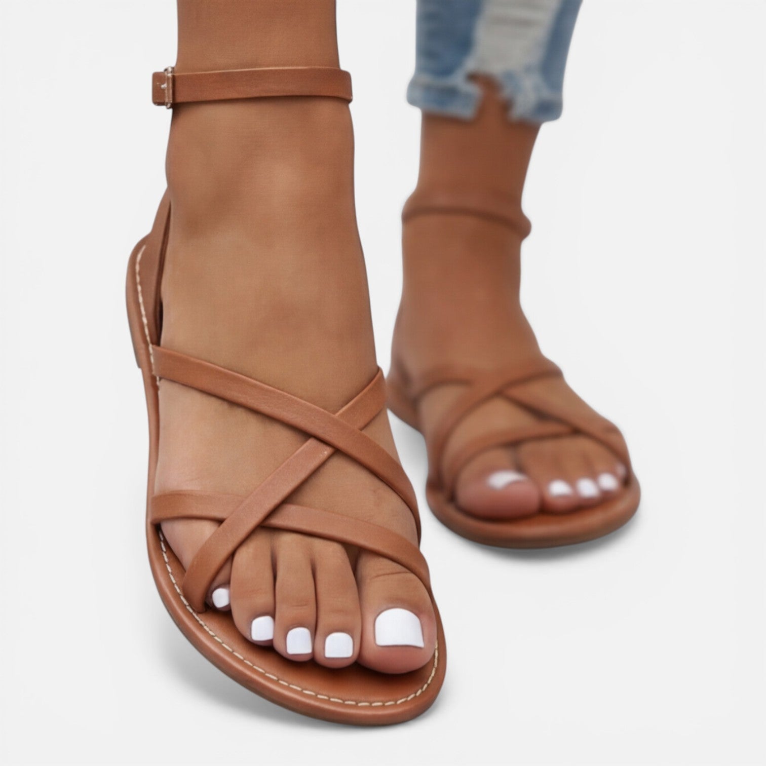 Women's Flat Leather Sandals with Ankle Strap Casual