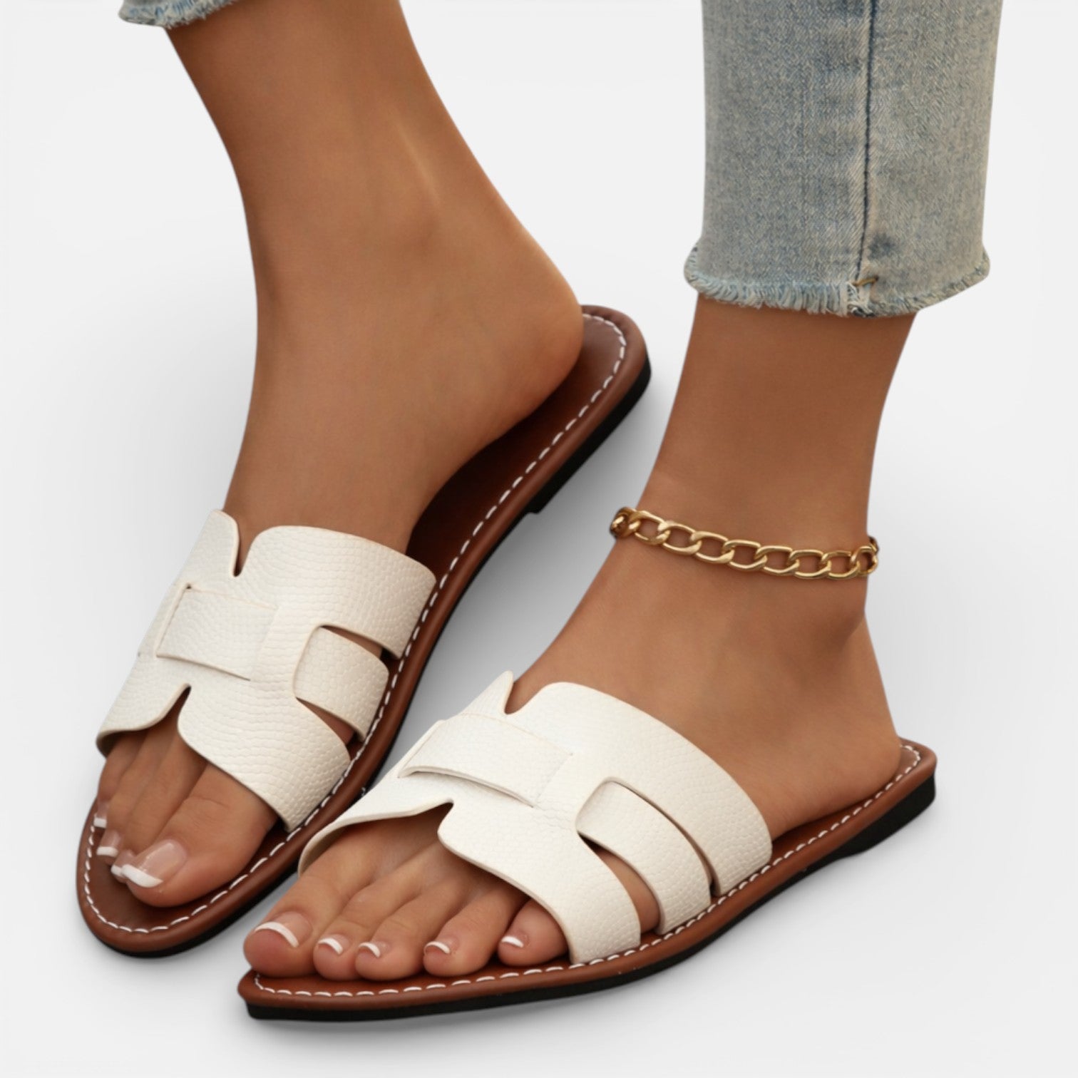 Leather Slippers Women Open Toe Comfort Flat
