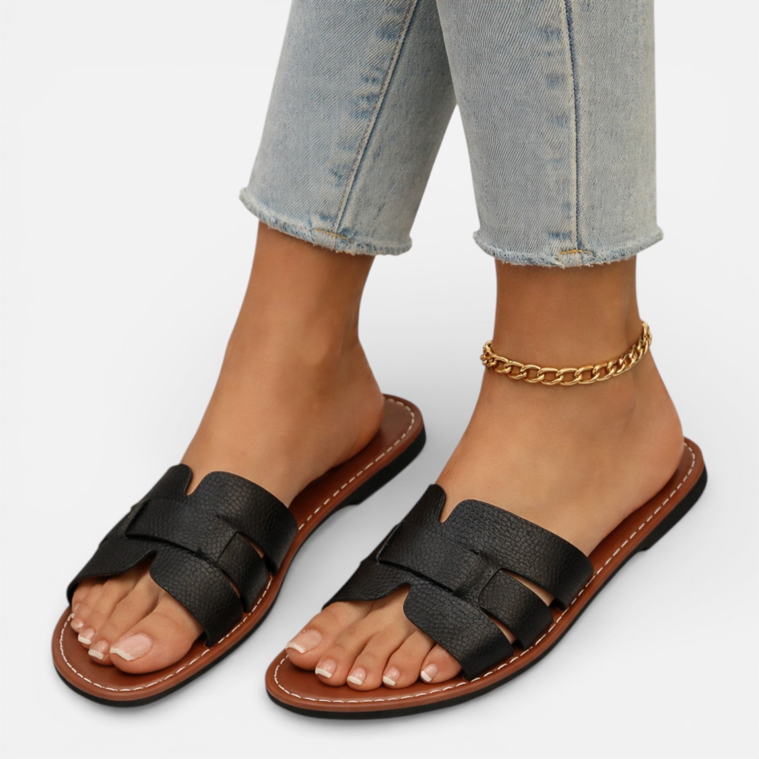 Leather Slippers Women Open Toe Comfort Flat