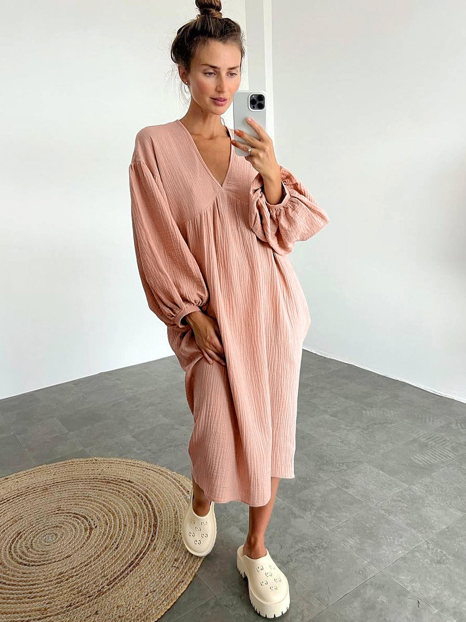 Women's V-Neck Puff Sleeve Midi Nightgown