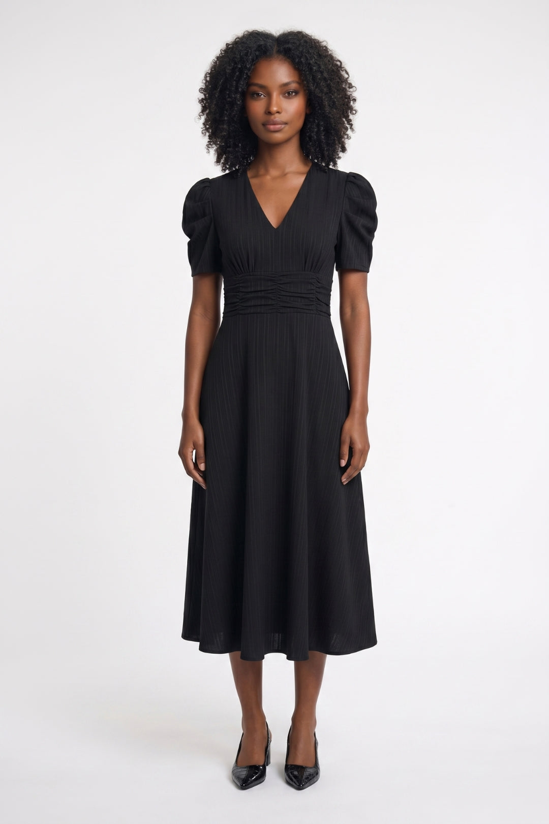 Women's Midi Dress Tailored V-neck Puff Sleeves Elastic Waist