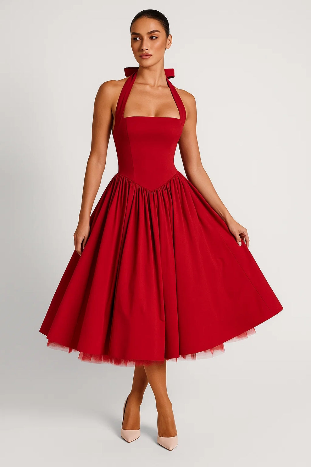 Women's Halter Neck A-Line Formal Party Midi Dress