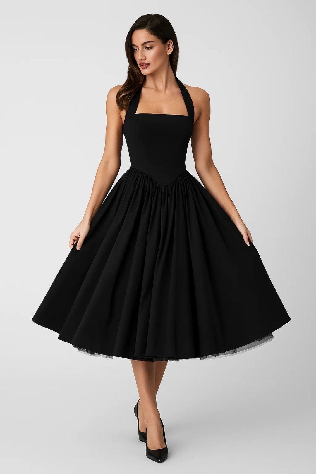 Women's Halter Neck A-Line Formal Party Midi Dress