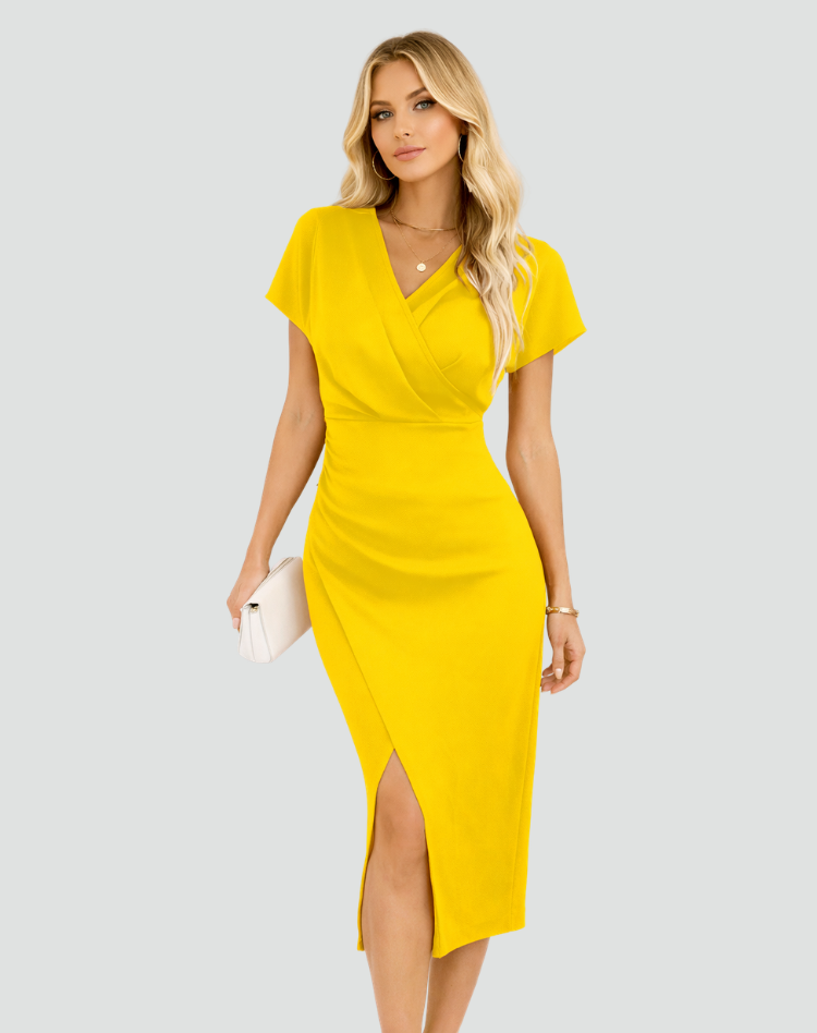 Women's Midi Dress Wrap Neckline Slit Elegant Formal