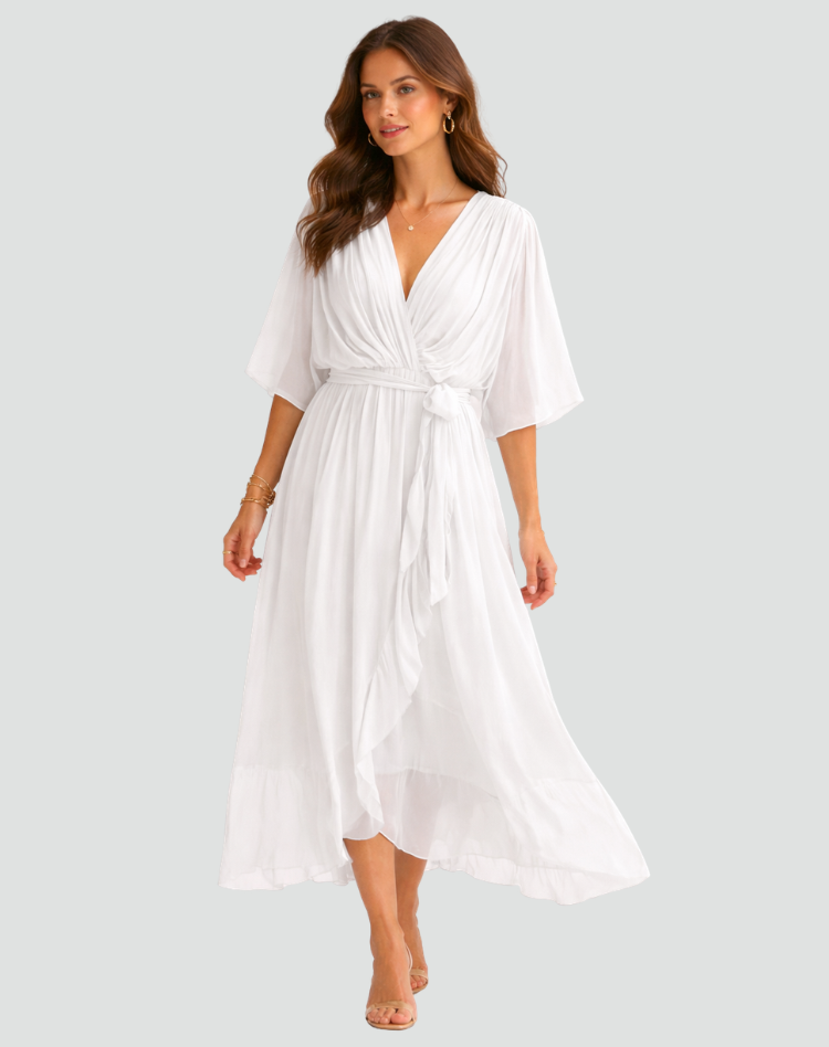 Women's Midi Dress Wrap Neckline Waist Tie Gala Formal