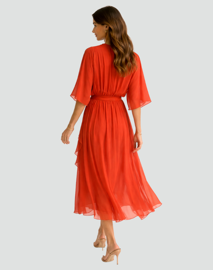 Women's Midi Dress Wrap Neckline Waist Tie Gala Formal