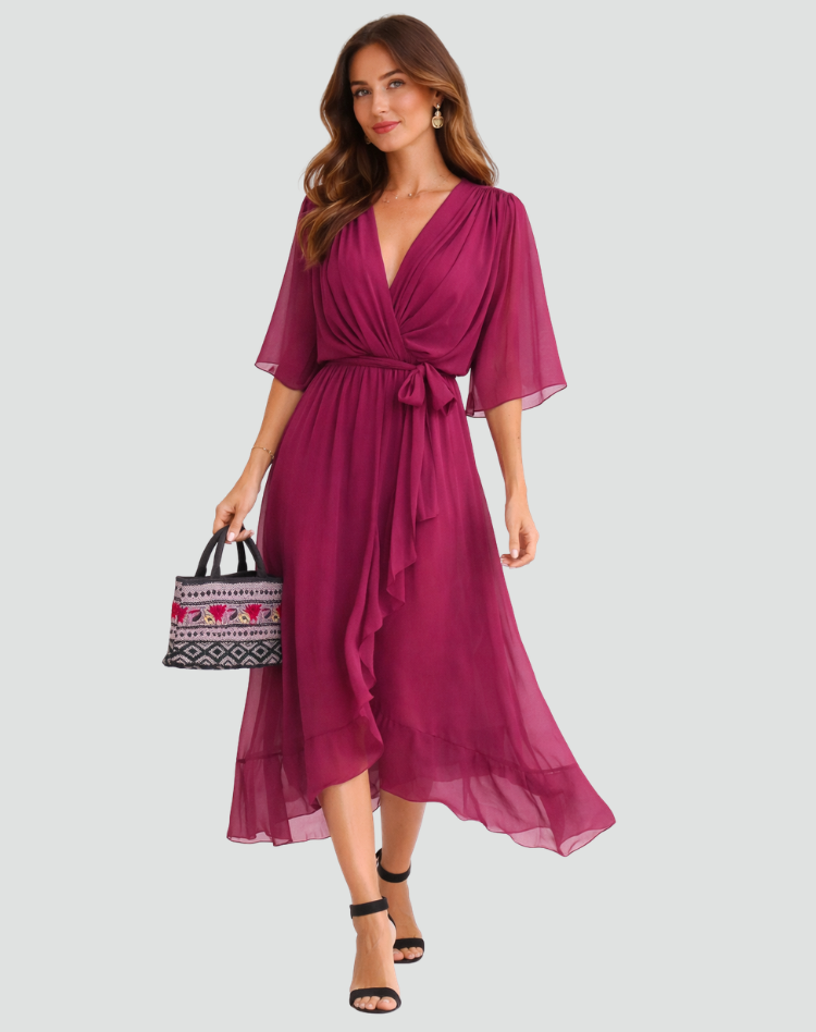 Women's Midi Dress Wrap Neckline Waist Tie Gala Formal