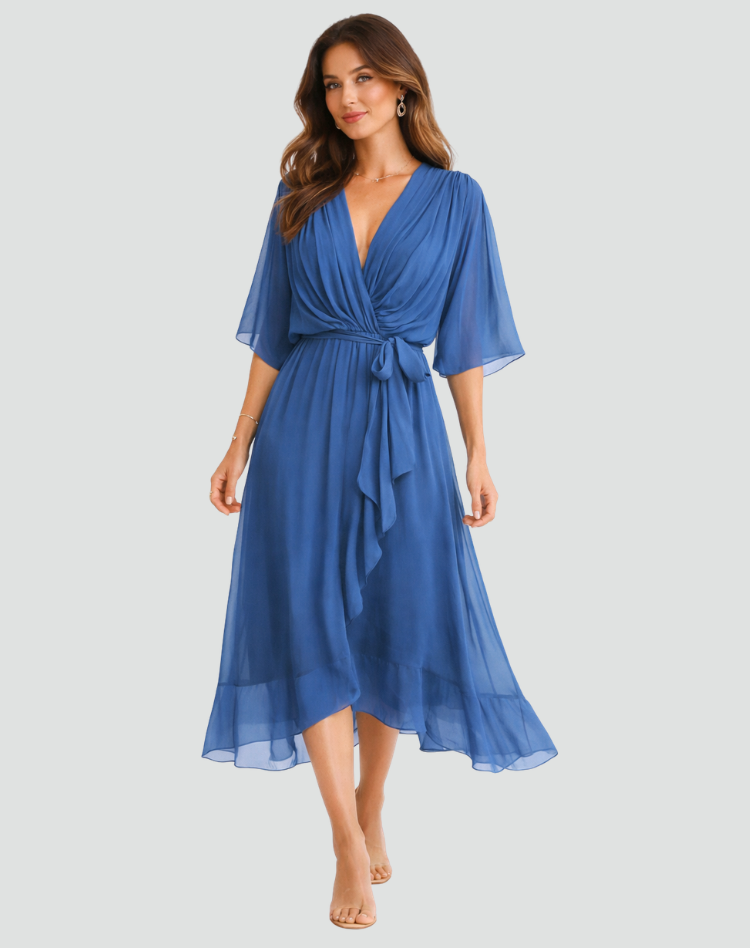 Women's Midi Dress Wrap Neckline Waist Tie Gala Formal