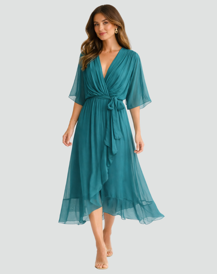 Women's Midi Dress Wrap Neckline Waist Tie Gala Formal