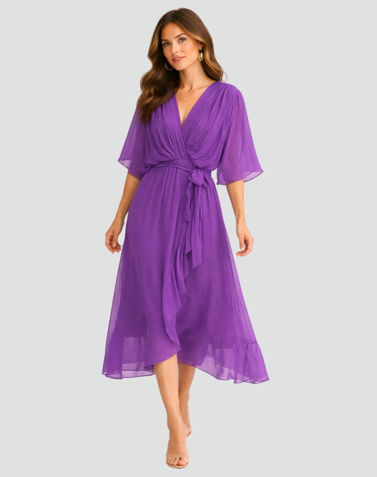 Women's Midi Dress Wrap Neckline Waist Tie Gala Formal