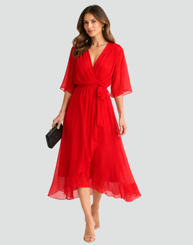 Women's Midi Dress Wrap Neckline Waist Tie Gala Formal