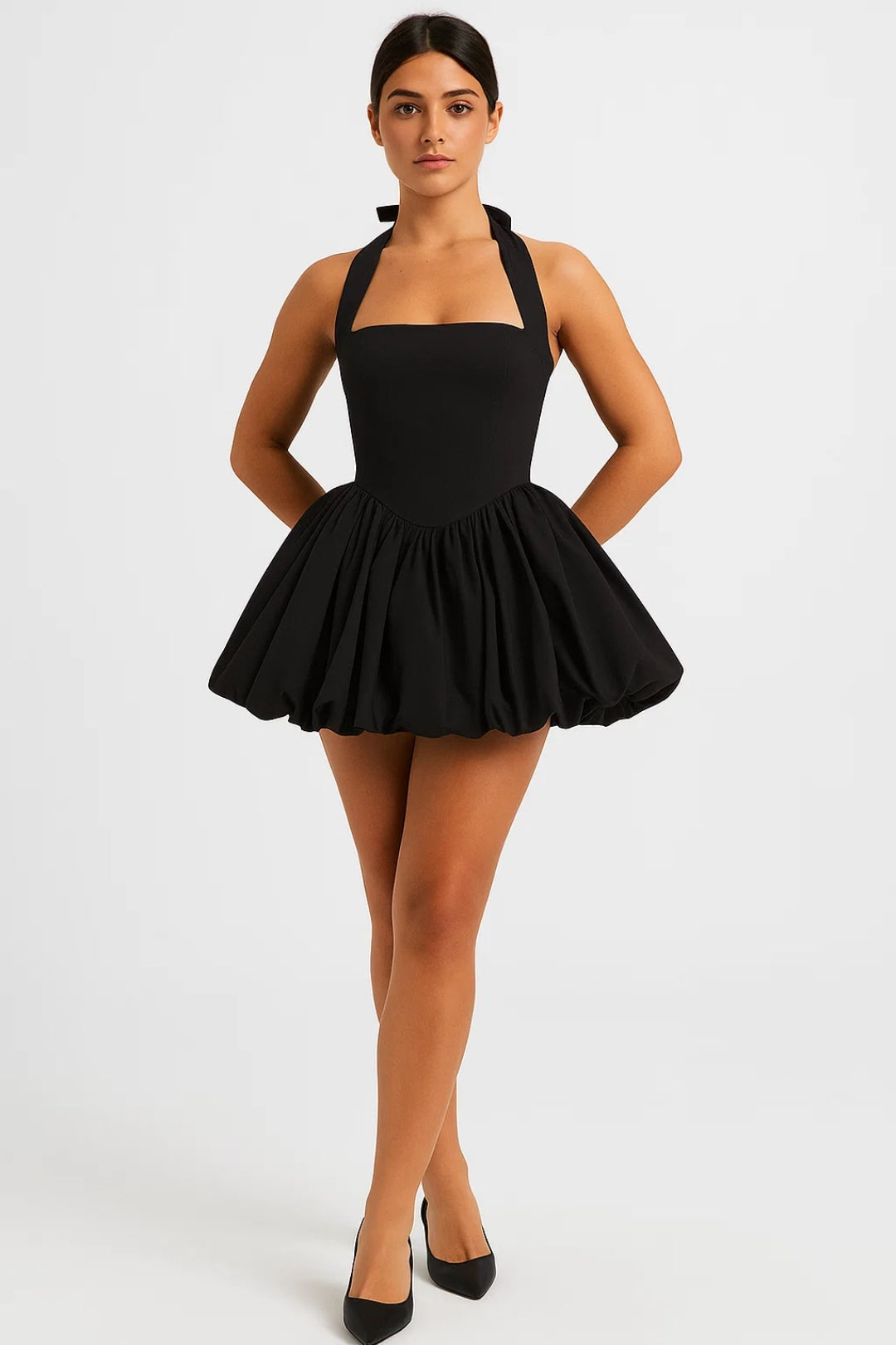 Women's Mini Halter Neck Dress with Voluminous Skirt - Summer