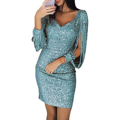 Women's Sequin Fringe Sleeve Party Mini Dress