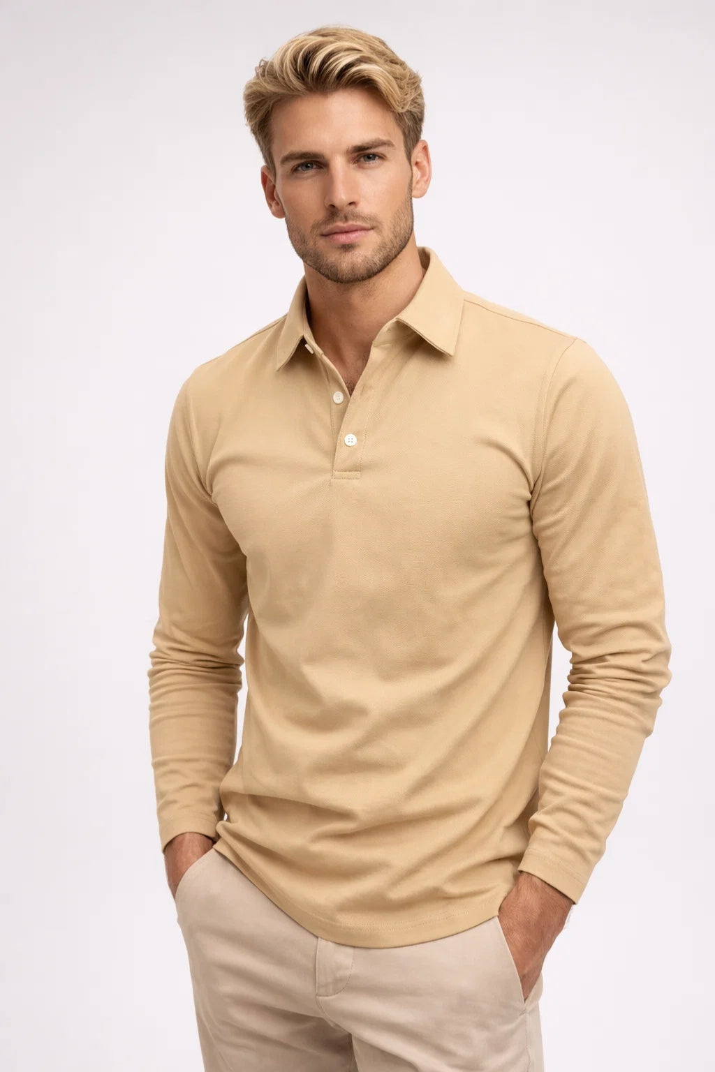 Men's Long Sleeve Polo Shirt Slim Fit Classic Collar Casual