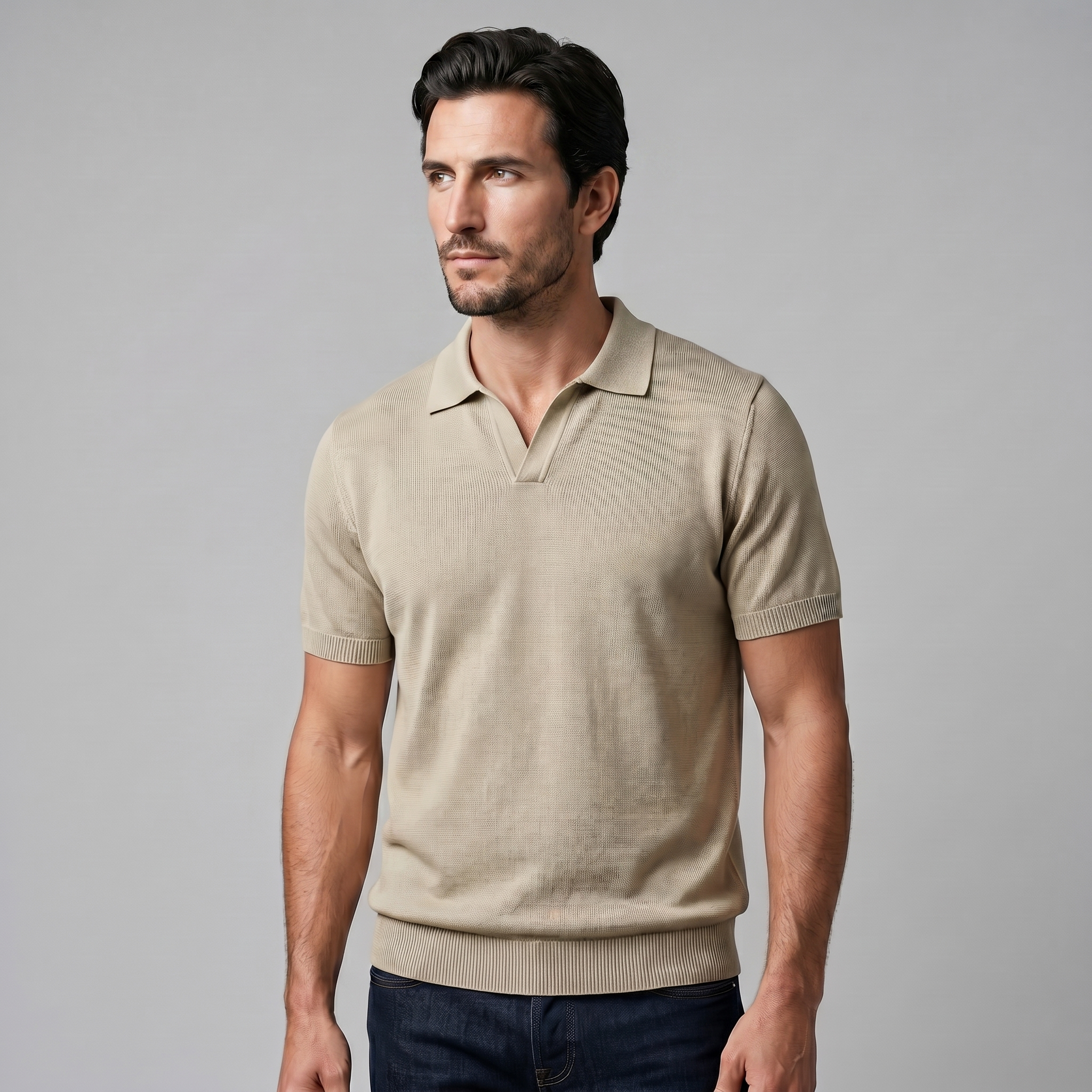 Men's Fine Knit Open Collar Casual Summer Polo Shirt