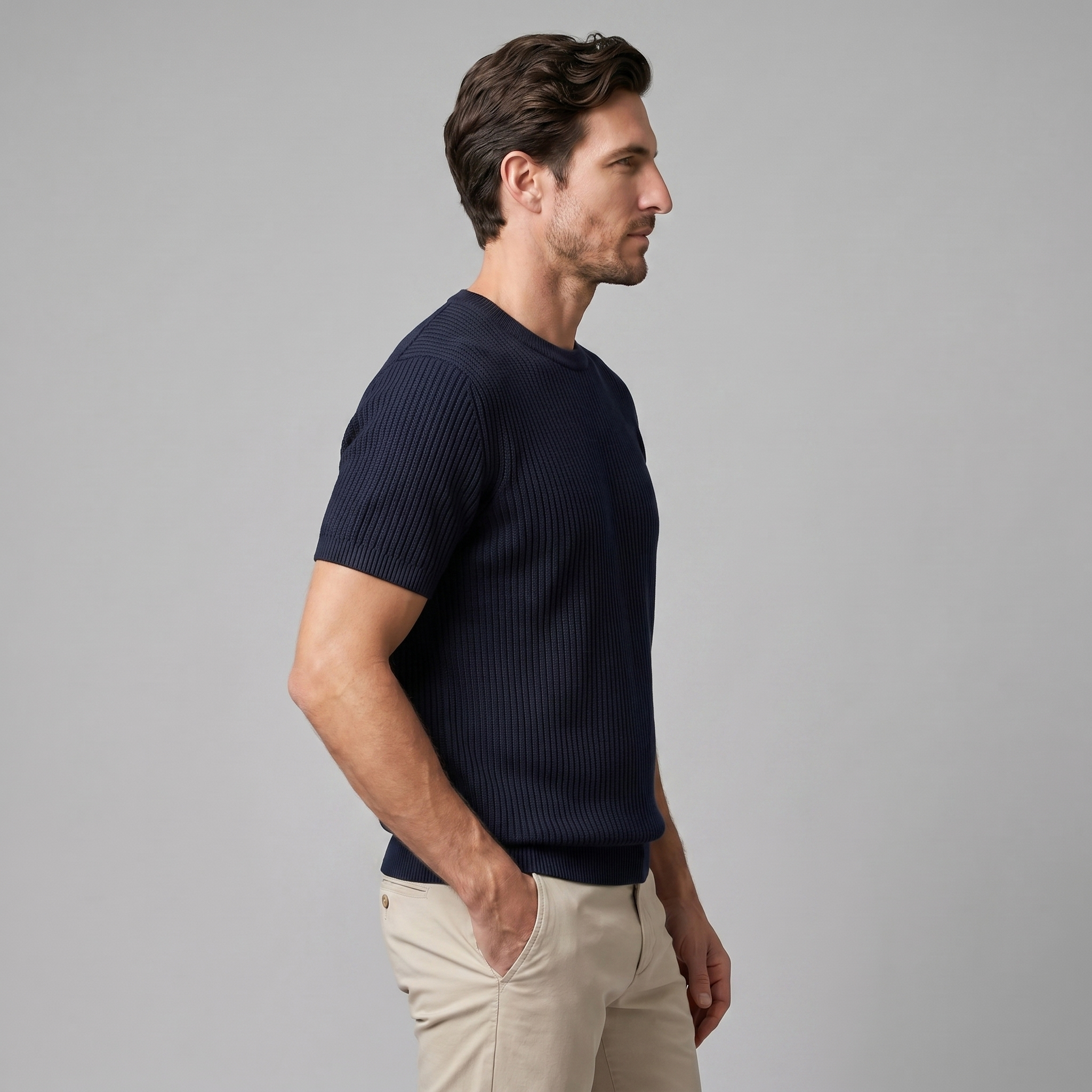 Men's Ribbed Knit Round Neck Casual T-Shirt