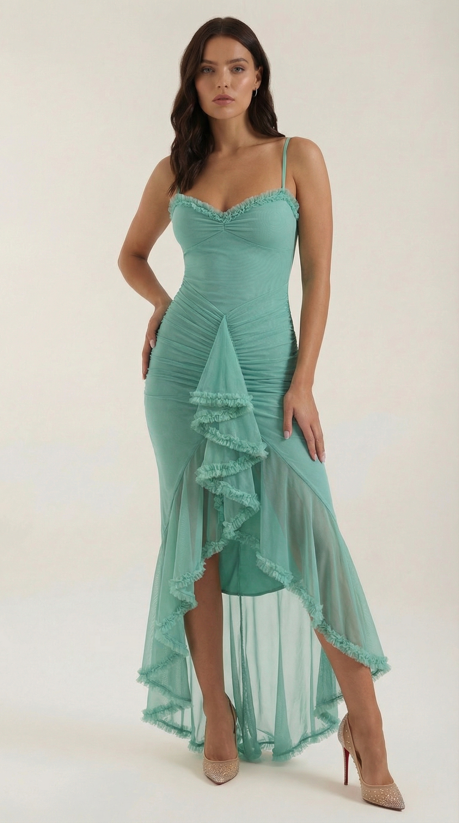 Women's Maxi Dress Heart Neck Ruffle Asymmetrical Hem Spaghetti Strap