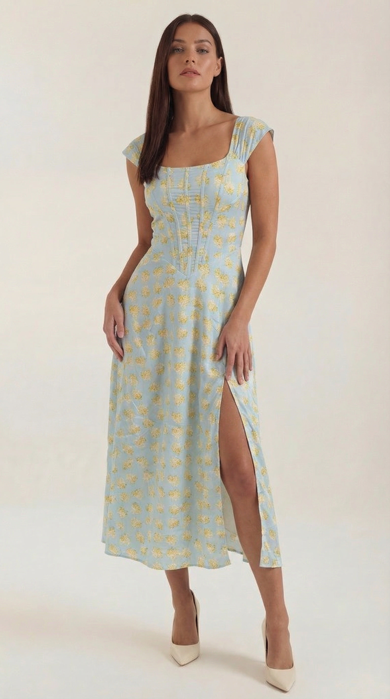 Women's midi dress A-line vintage floral print bustier style spaghetti straps