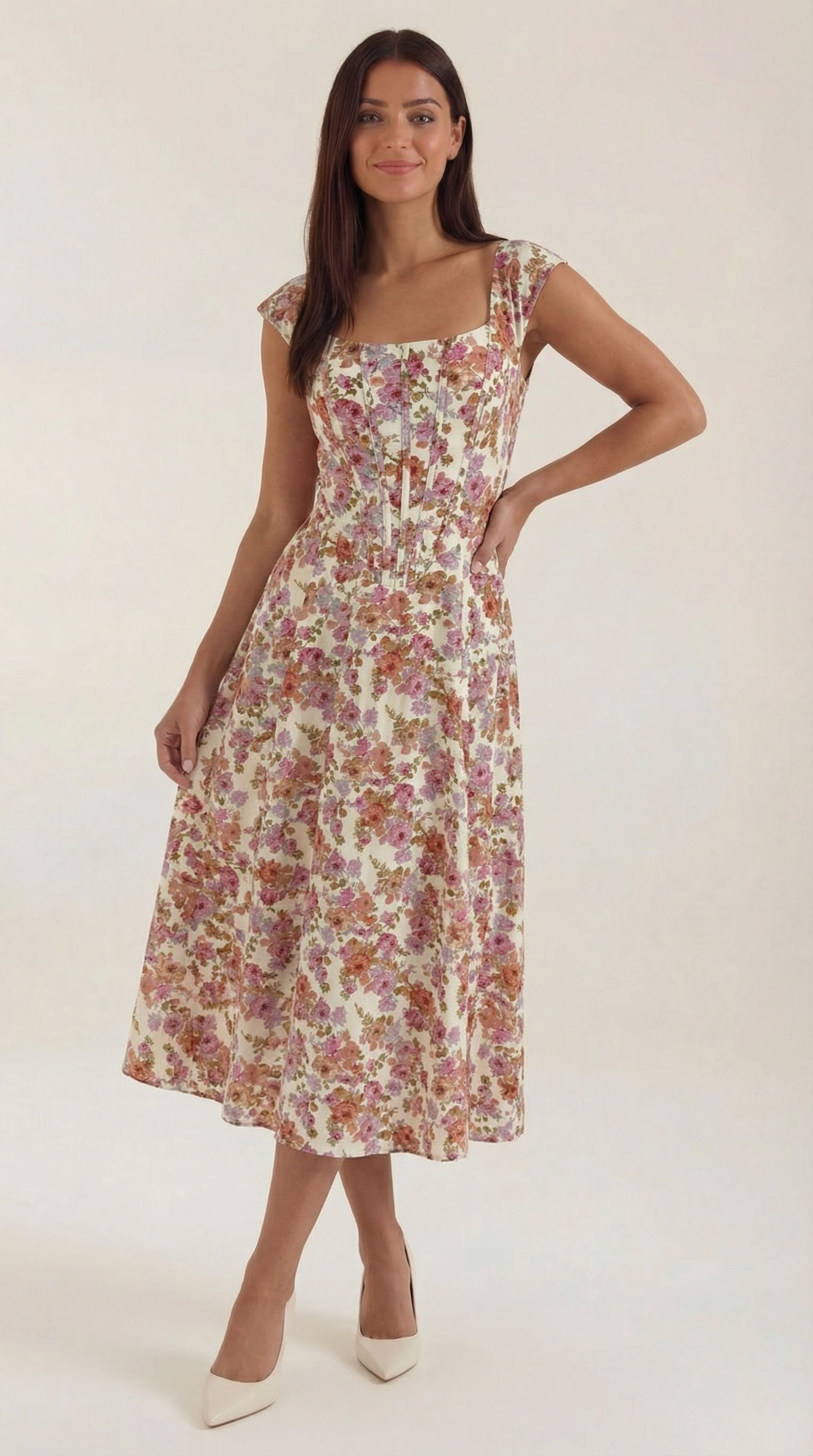 Women's midi dress A-line vintage floral print bustier style spaghetti straps
