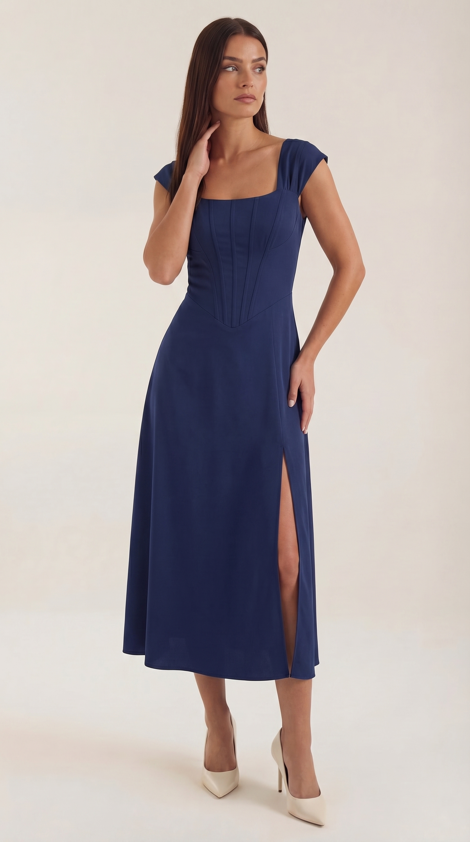 Women's midi dress A-line vintage floral print bustier style spaghetti straps