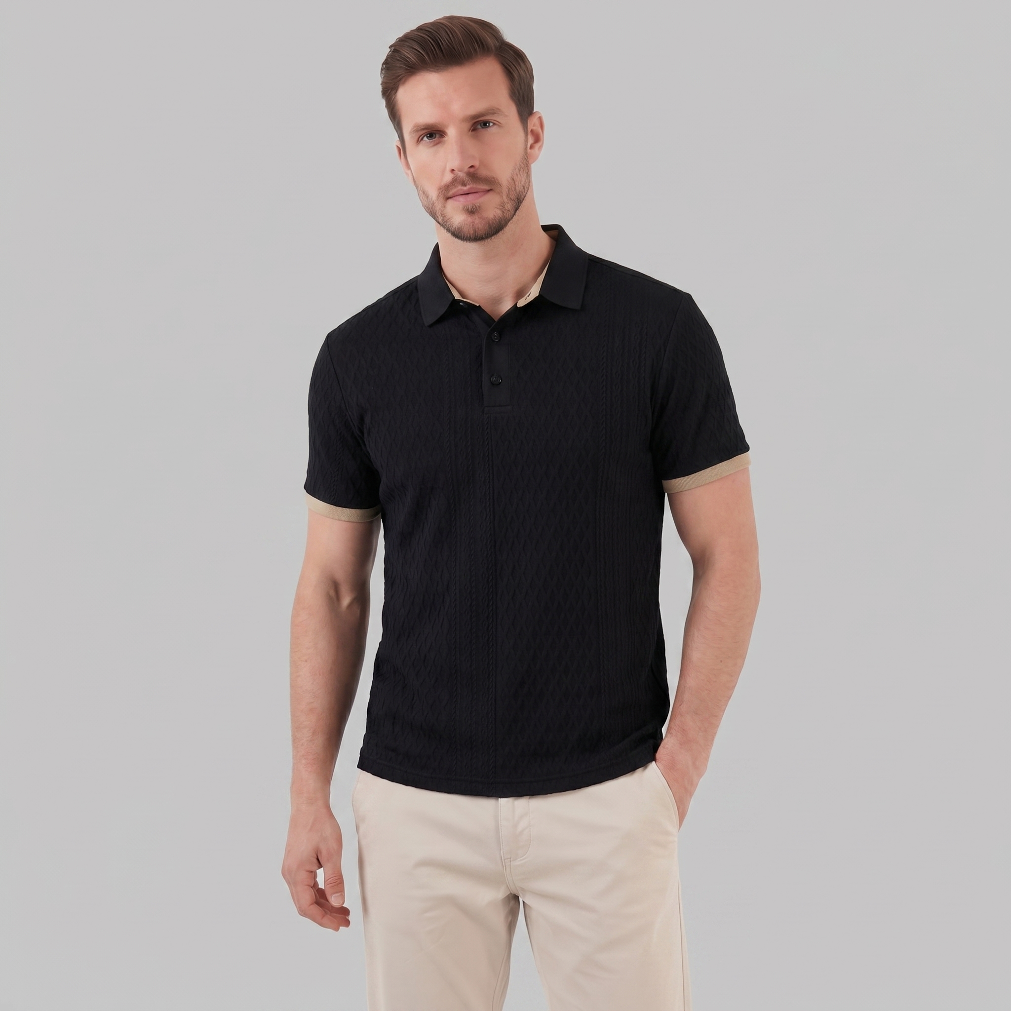Men's Textured Polo Shirt Contrast Collar Tailored Fit