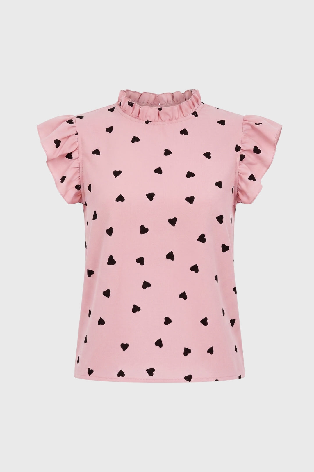 Women's Heart Print Ruffle Sleeve High Neck Casual Top