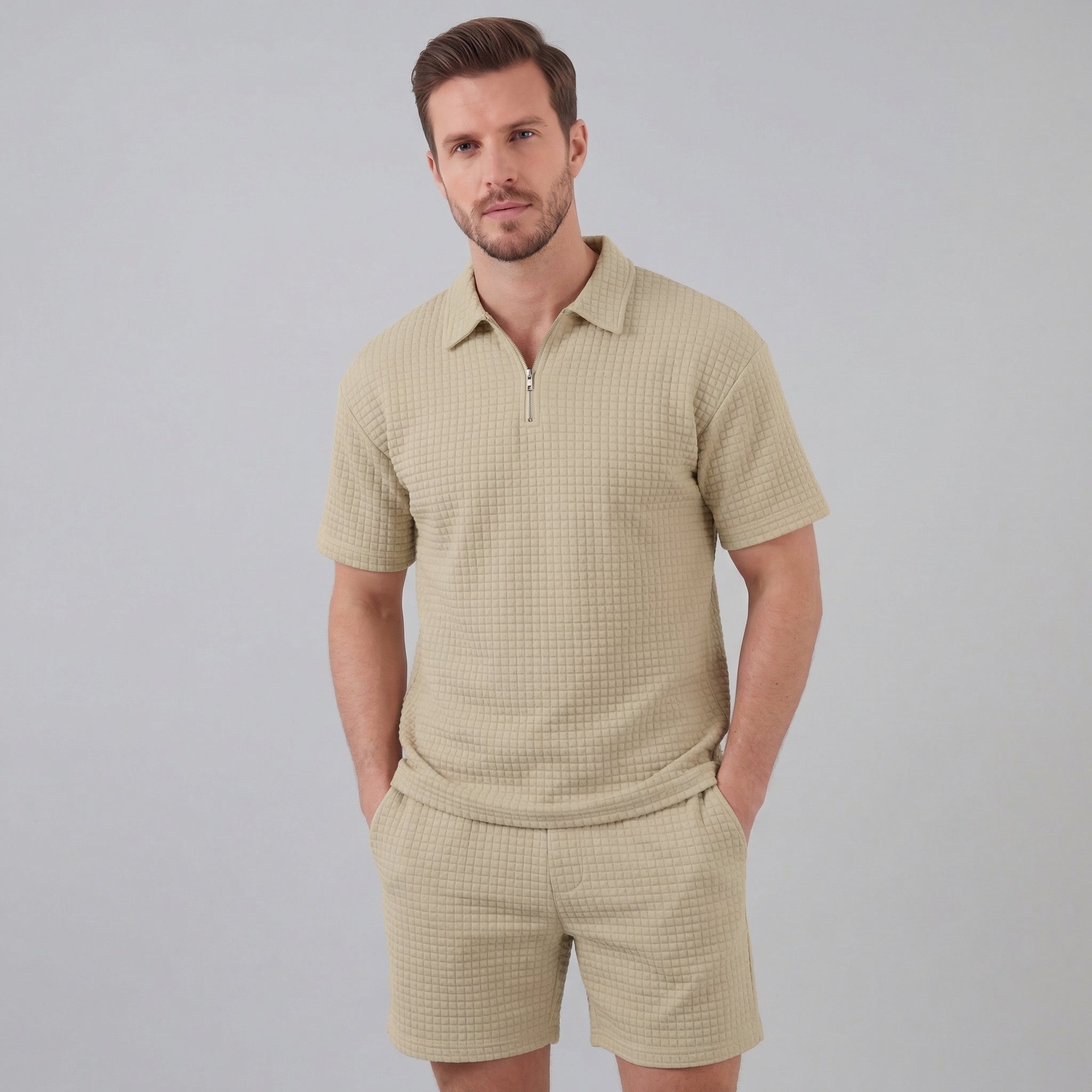 Men's Summer Casual Half Zip Polo Waffle Knit Set