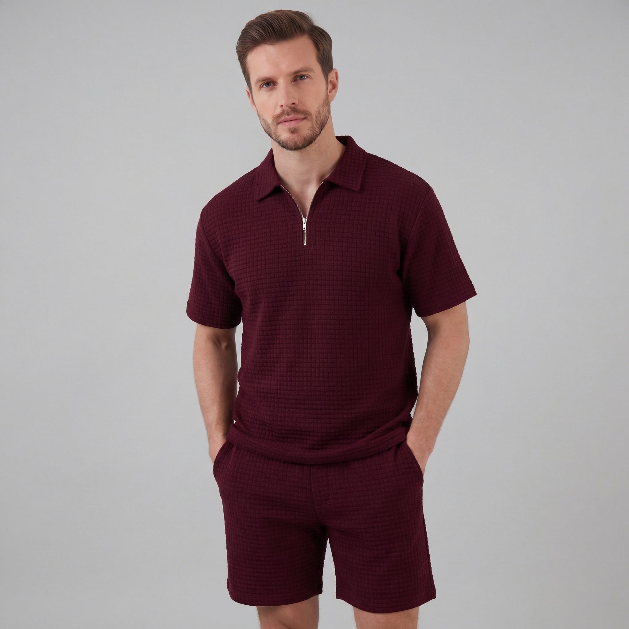 Men's Summer Casual Half Zip Polo Waffle Knit Set