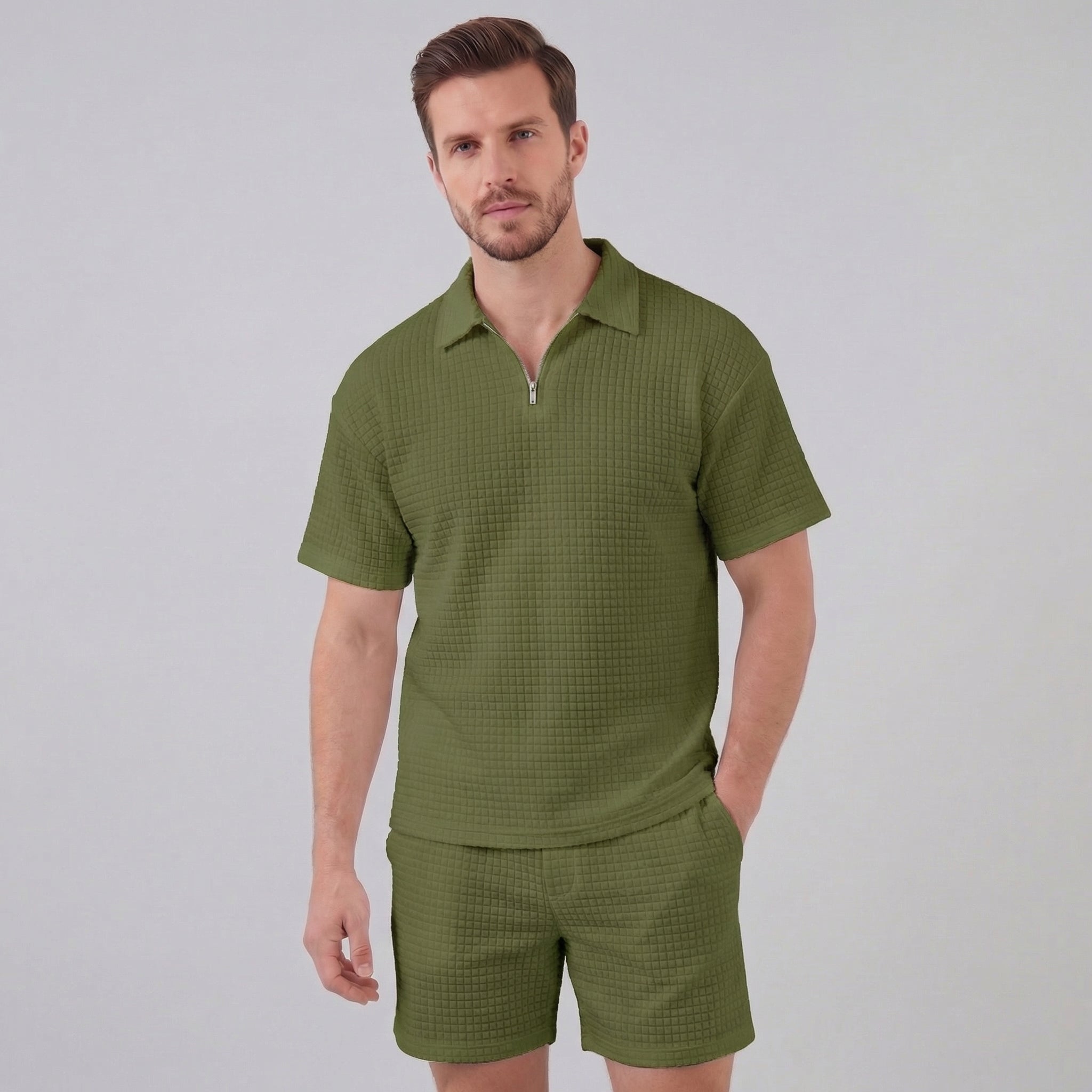 Men's Summer Casual Half Zip Polo Waffle Knit Set