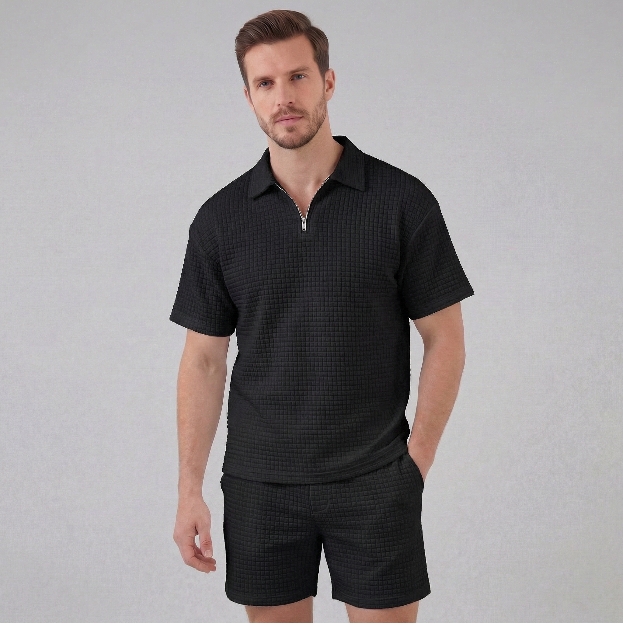 Men's Summer Casual Half Zip Polo Waffle Knit Set