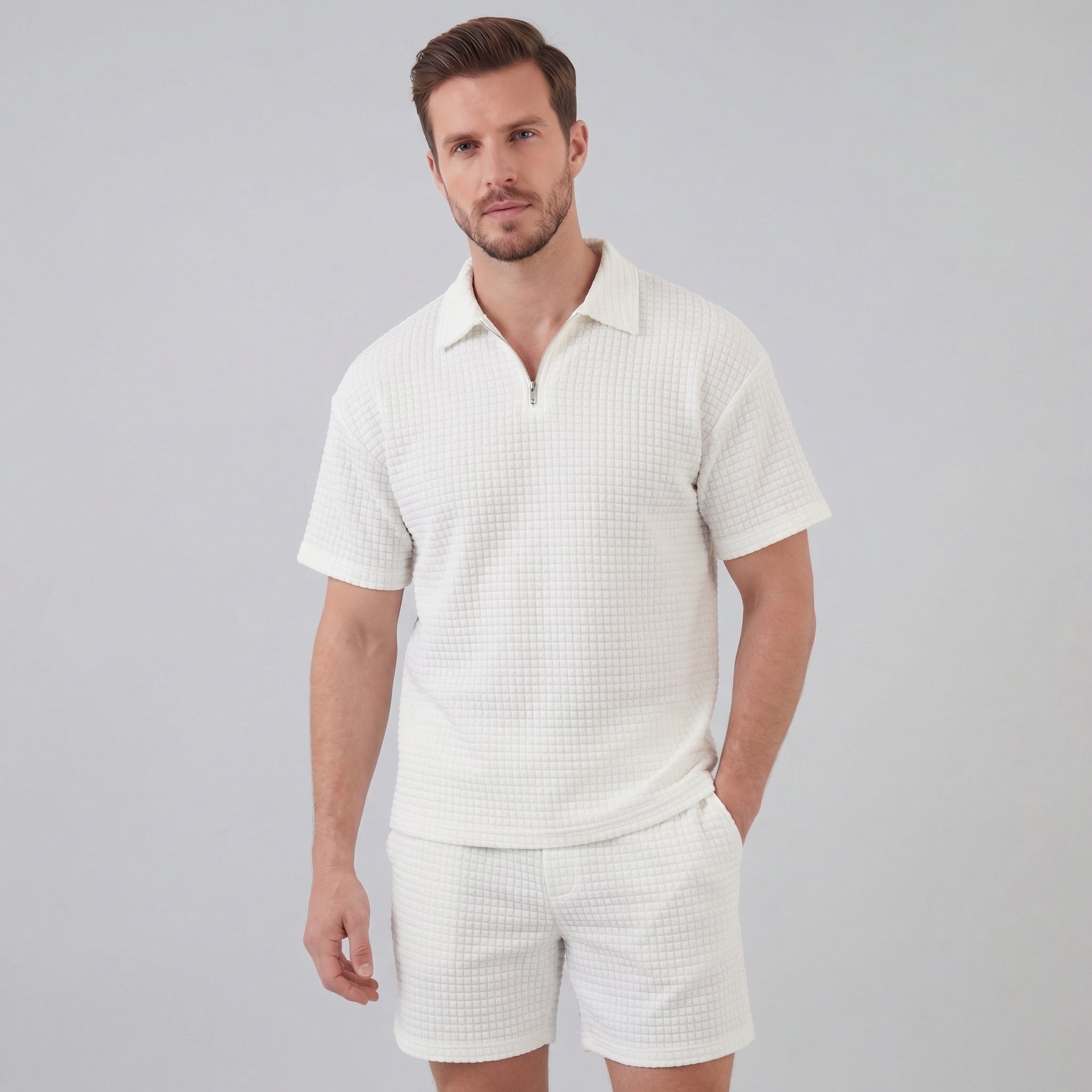 Men's Summer Casual Half Zip Polo Waffle Knit Set