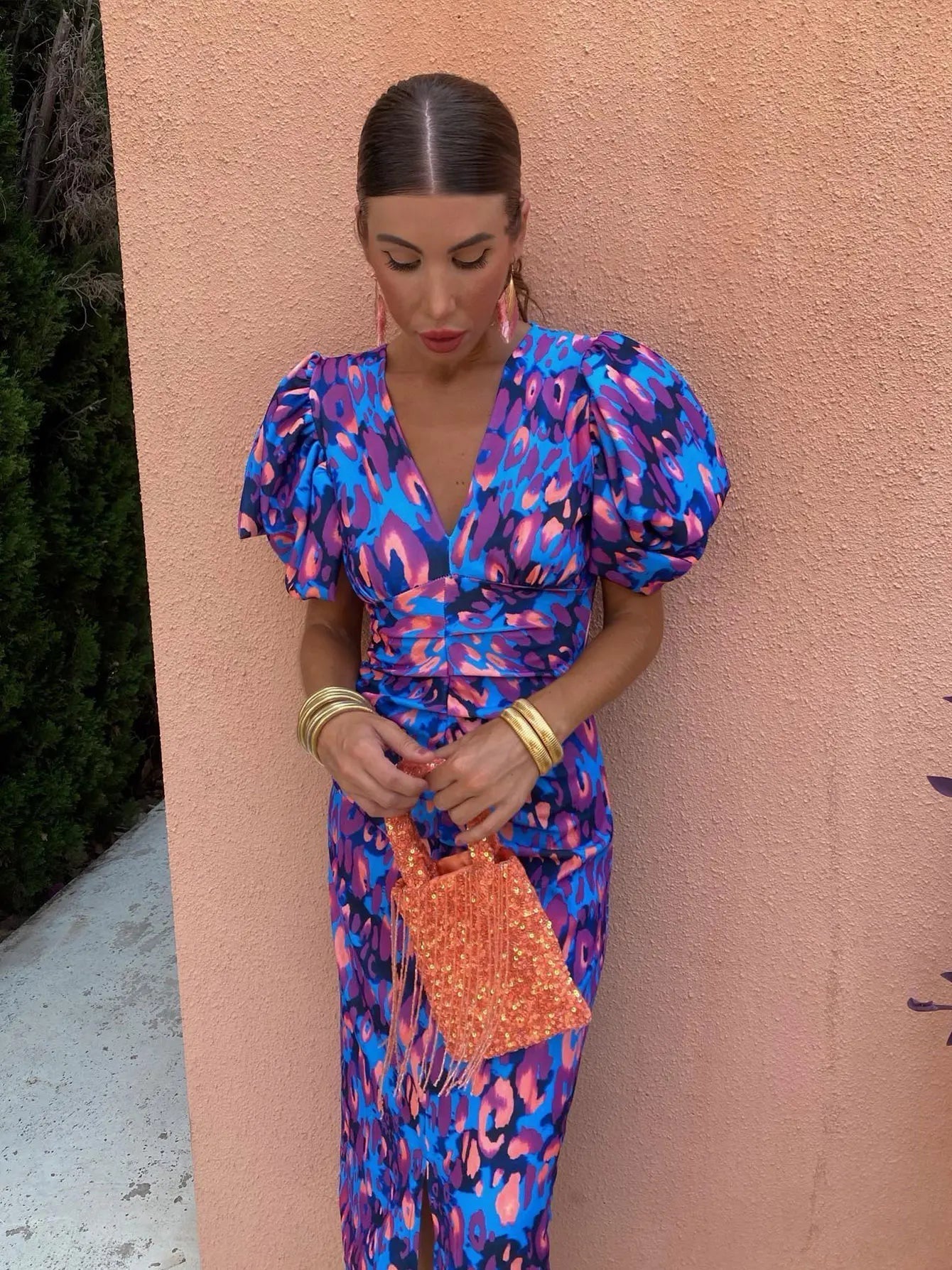 Women's Summer Dress V-neck Puff Sleeves Casual